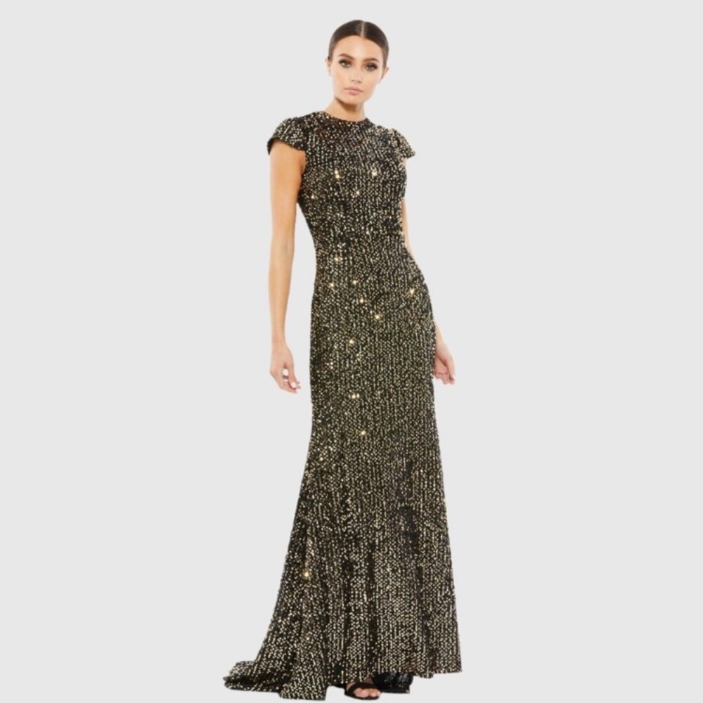 NWT Mac Duggal Sequined Cap Sleeve High Neck Gown Black Gold 10 #8602